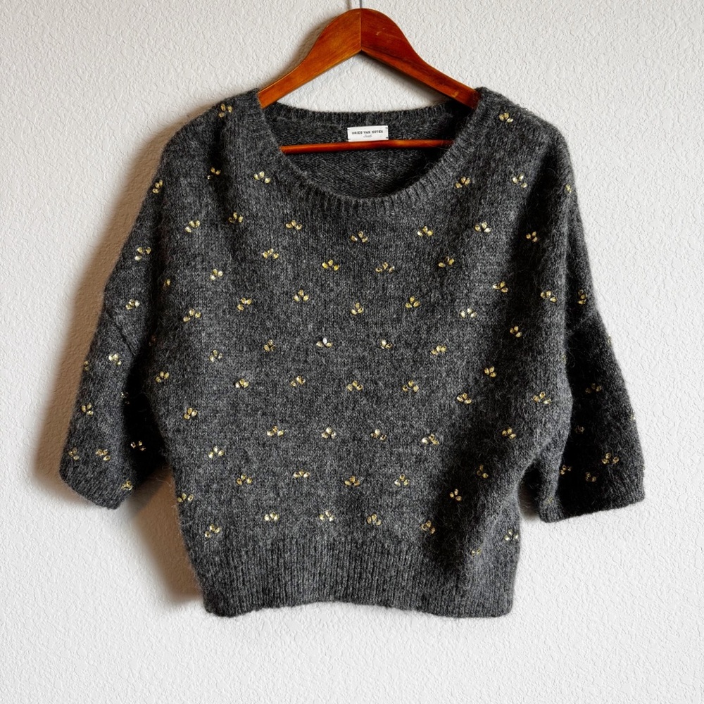 Dries Van Noten Charcoal Gray Wool Wool Blend Embellised Sweater Size Small